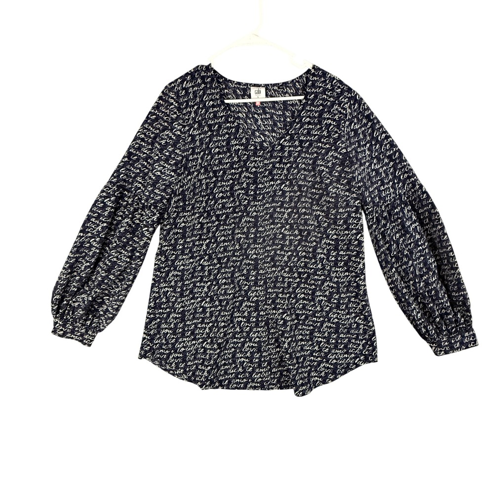 Cabi Amour Blouse All Over I Love You Print Womens Large V-Neck Puff Sleeve Blue